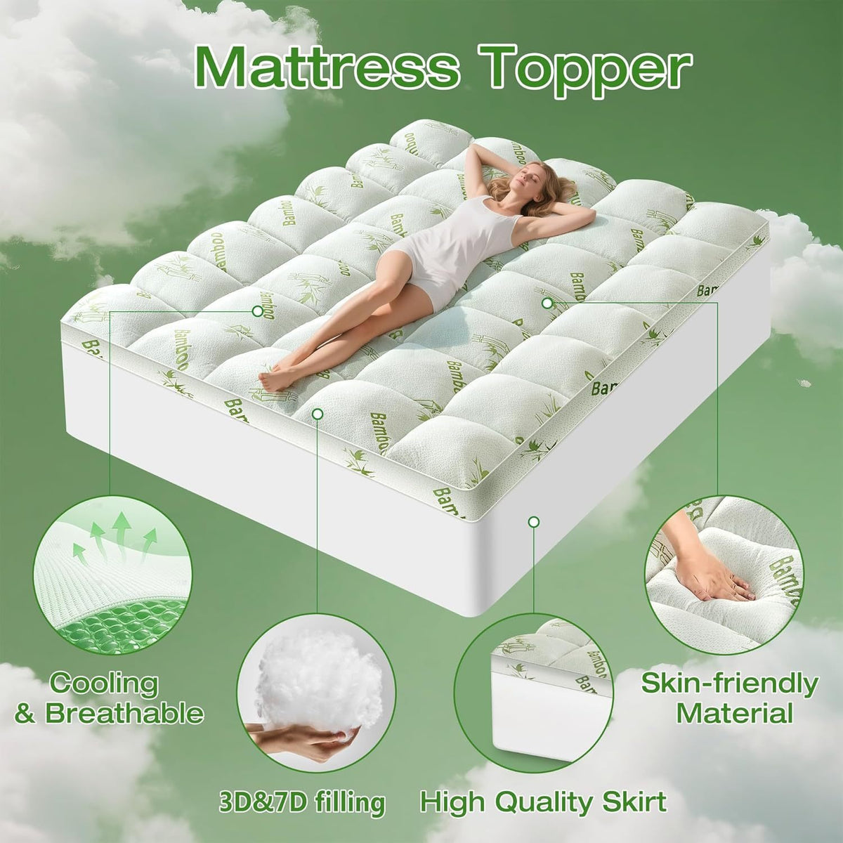 450GSM Bamboo Mattress Topper with Pillow, 8-21" Deep Pocket Cooling Bed Pad for Hot Sleepers, Machine Washable
