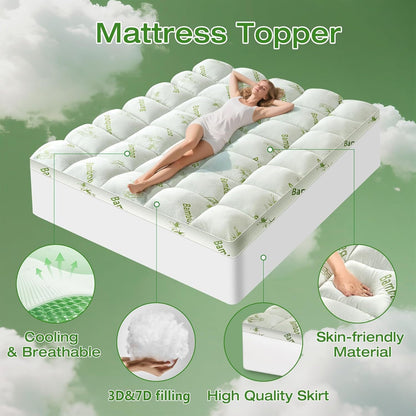 450GSM Bamboo Mattress Topper with Pillow, 8-21" Deep Pocket Cooling Bed Pad for Hot Sleepers, Machine Washable